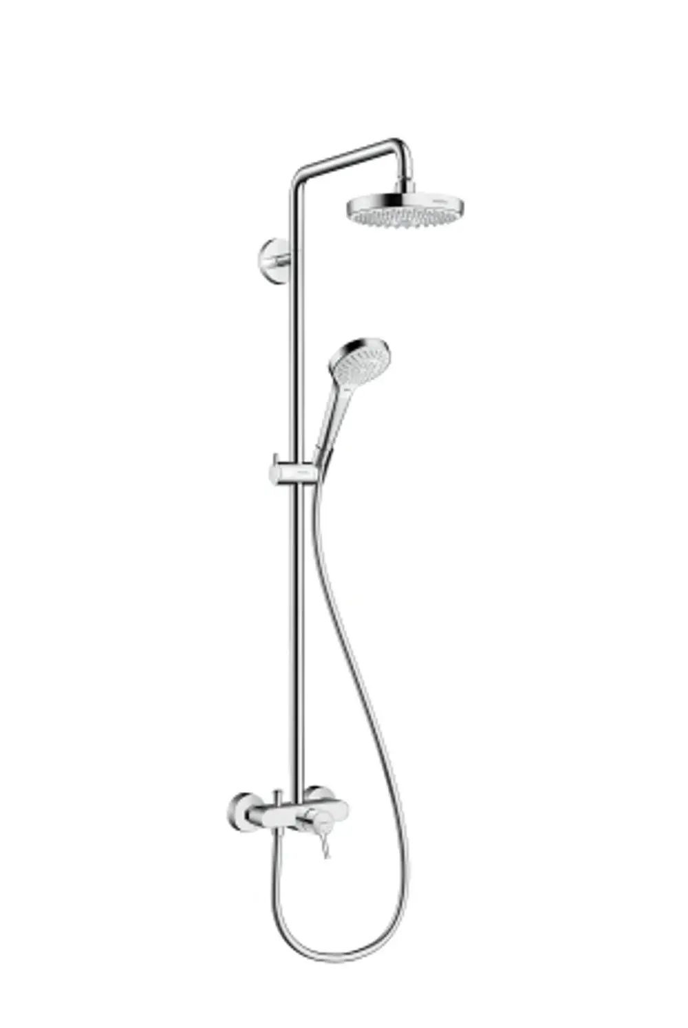 Duscheinheit mit Kopf- und Handbrause von Hansgrohe, ausgestattet mit einem Einhebelmischer, in chrom und weißem Design, montiert an einer Wand.
